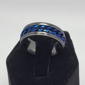 Men's Titanium Stainless Steel Chain Spinner Ring Size 9 Blue Fashion